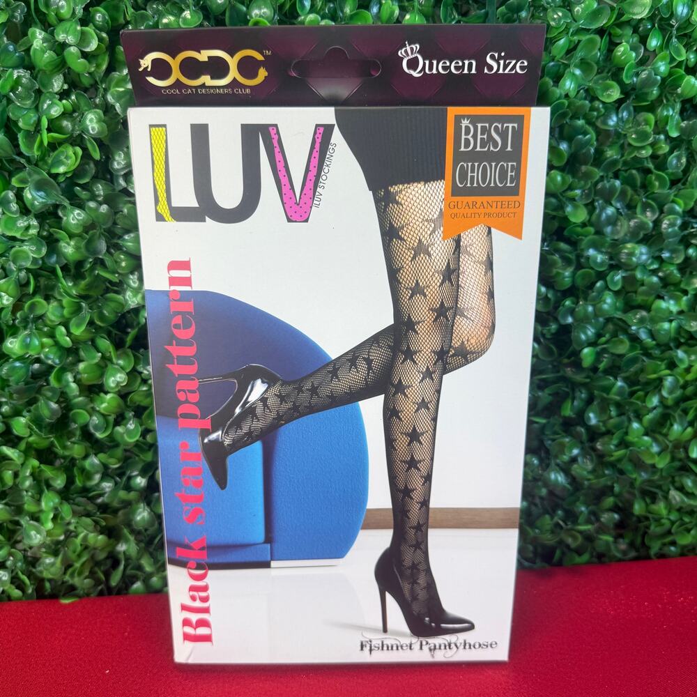 Luv Queen Size Black Star Pattern Pantyhose Plus Size Celestial Tights NWT New